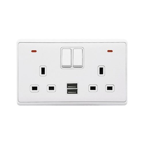 LONDON DOUBLE SOCKET 2P BUTTON SWITCH NEON+USB WH